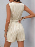 Perfee Striped V-Neck Tie Waist Romper