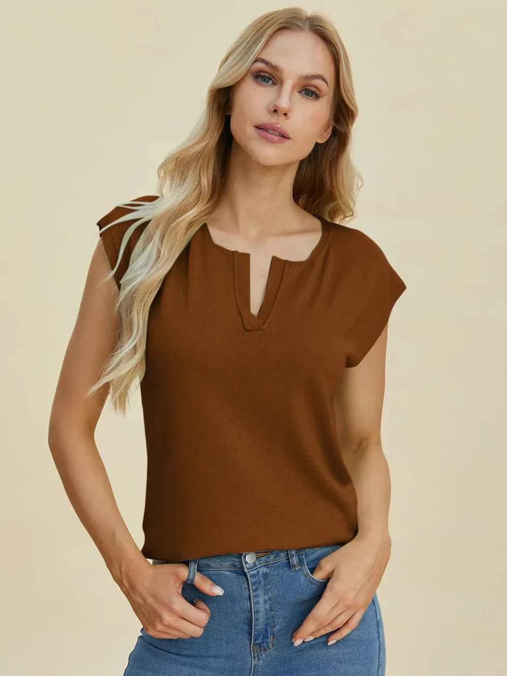 Double Take Full Size Notched Cap Sleeve Knit Top