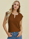 Double Take Full Size Notched Cap Sleeve Knit Top