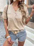 Perfee Buttoned Notched Neck Cuffed Sleeve Blouse