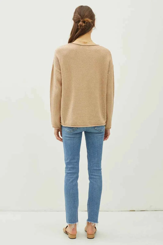 Be Cool Rolled Openwork Round Neck Sweater