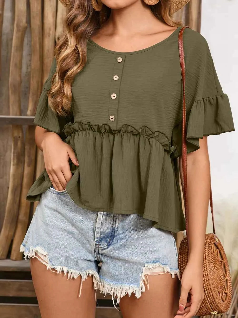 Frill Decorative Button Round Neck Half Sleeve Blouse