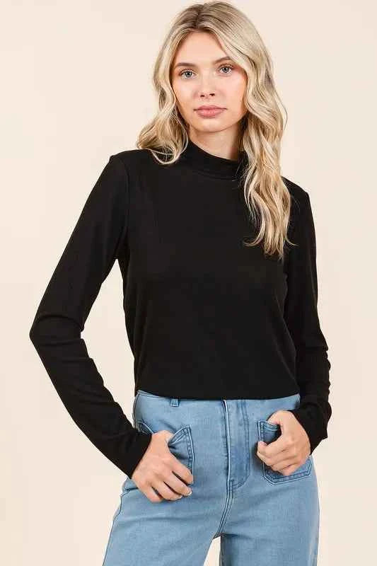 Mittoshop Mock Neck Rib Knit Long Sleeve Crop Top
