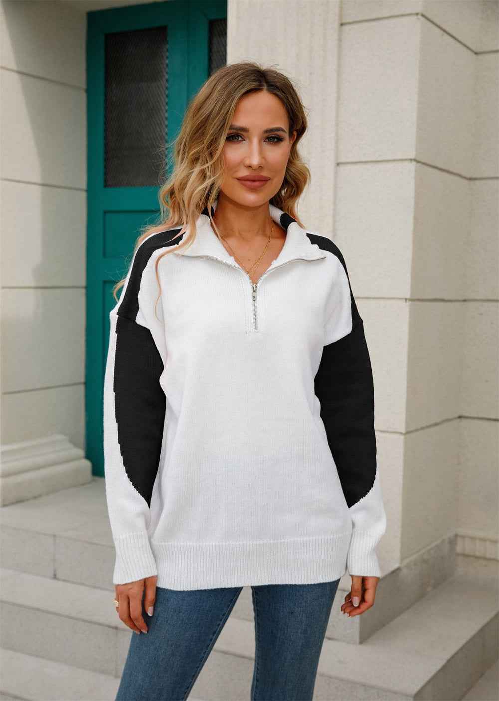 Angel Wings Two-Tone Collared Neck Dropped Shoulder Knit Top