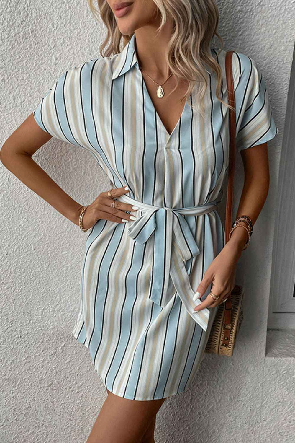 Perfee Striped Johnny Collar Tie-Waist Dress