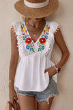 Perfee Embroidered Pom-Pom Trim Cap Sleeve Babydoll Top