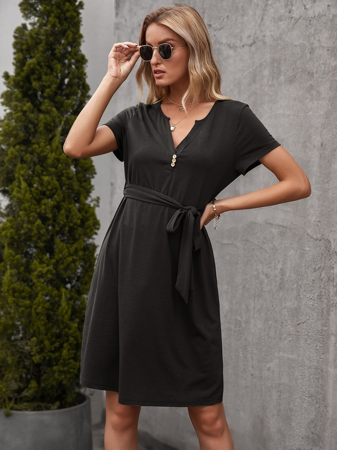 Ivy Lane Tied Notched Short Sleeve Dress