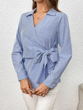 Ivy Lane Bow Tie Waist Johnny Collar Neck Striped Blouse