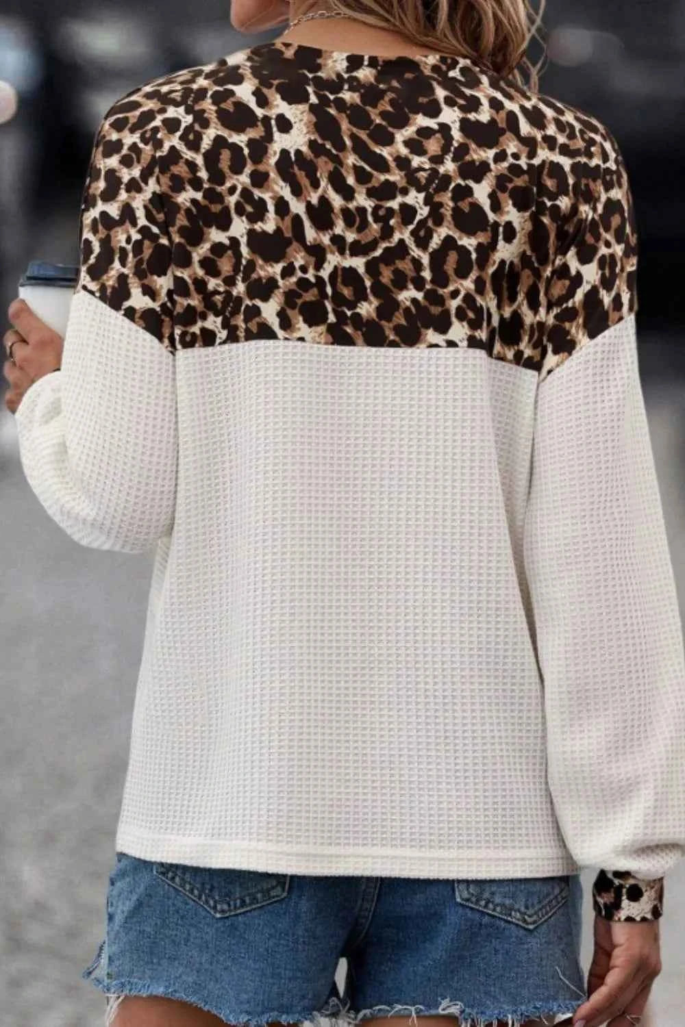 Waffle-Knit Leopard V-Neck Long Sleeve Blouse