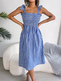 Frill Plaid Square Neck Midi Dress