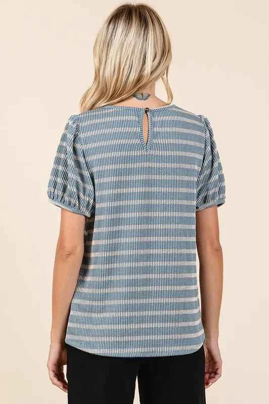 Mittoshop Contrast Striped Short Puff Sleeve Knit Top