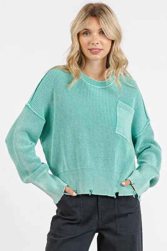 Mittoshop Distressed Hem Round Neck Dropped Shoulder Sweater