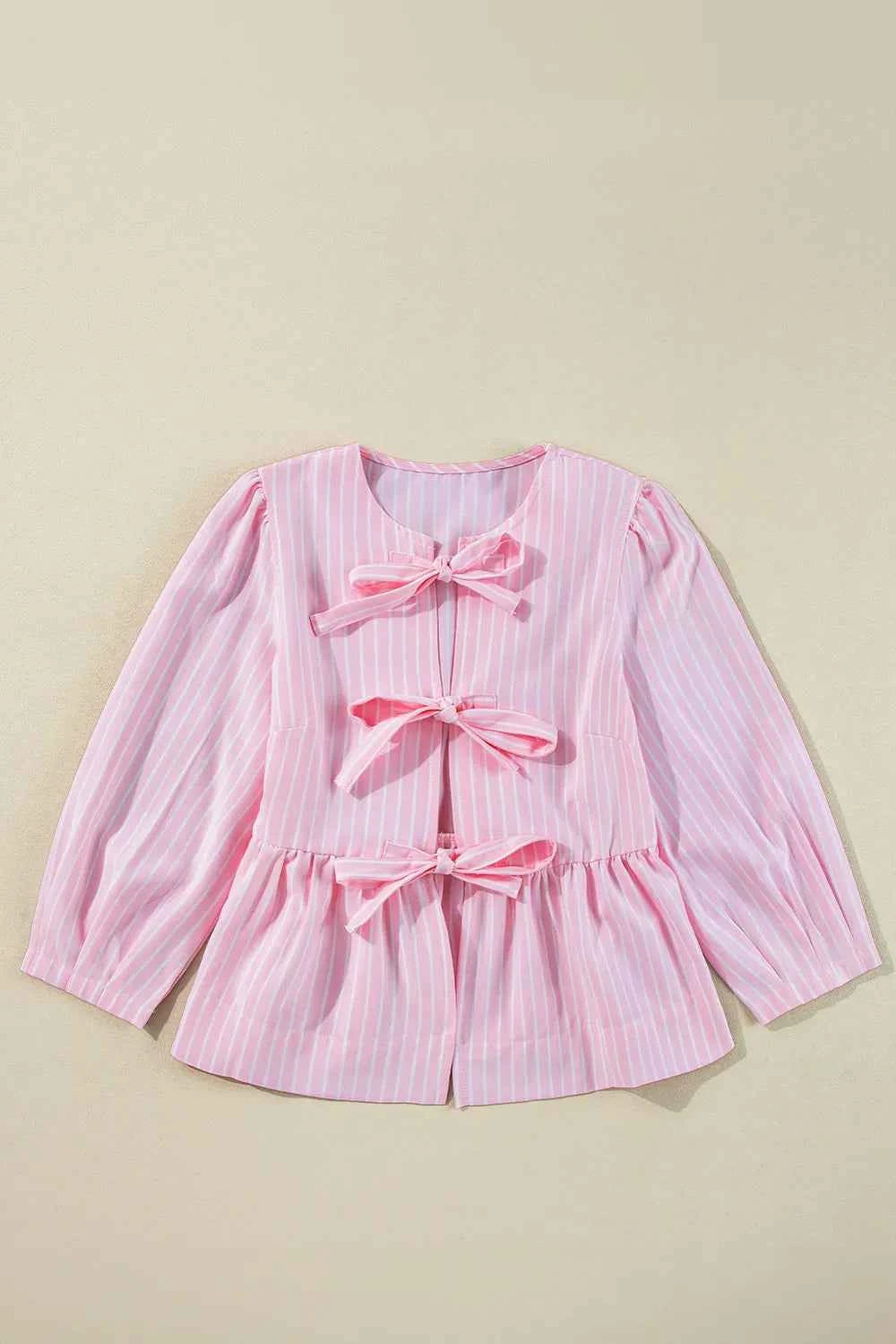 Tied Bow Striped Round Neck Blouse