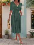 Perfee Ruched V-Neck Half Sleeve Midi Dress