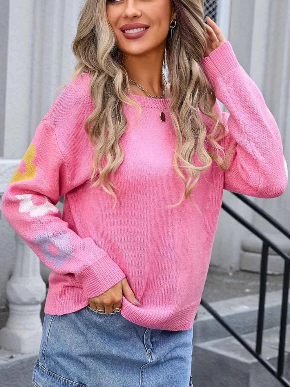 Angel Wings Flower Round Neck Dropped Shoulder Sweater