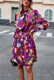 Devine Printed Tie Waist Mock Neck Lantern Sleeve Dress