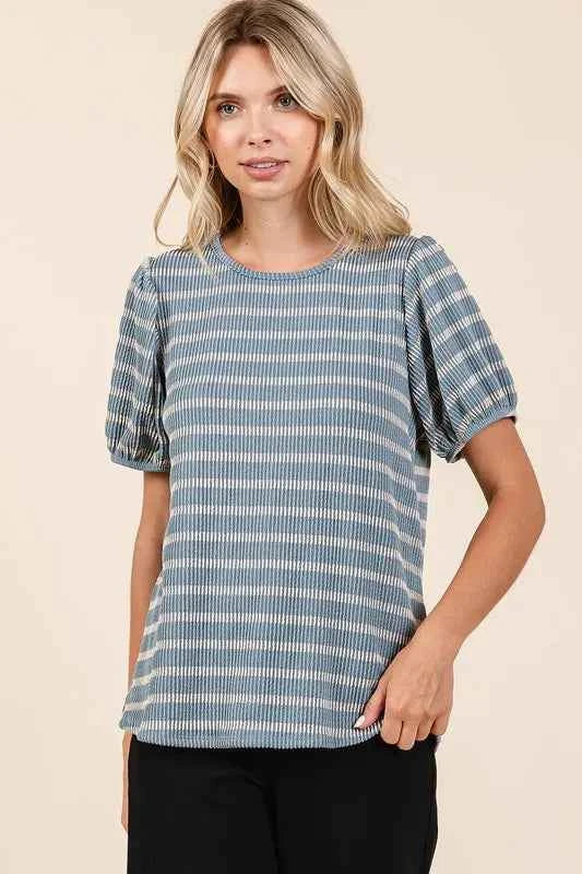 Mittoshop Contrast Striped Short Puff Sleeve Knit Top