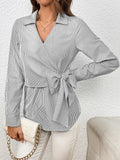 Ivy Lane Bow Tie Waist Johnny Collar Neck Striped Blouse
