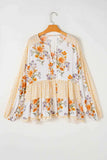 Plus Size Printed Tie Neck Long Sleeve Blouse