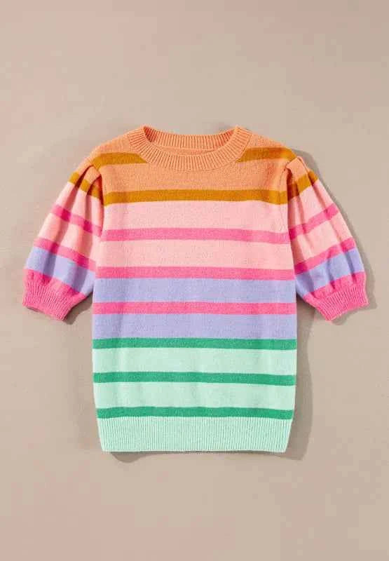 Striped Round Neck Half Sleeve Sweater