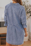 Distressed Collared Neck Flounce Sleeve Denim Dress