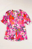 Printed Notched Short Sleeve Blouse
