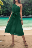 Perfee Pleated Single Shoulder Tie Waist Midi Dress