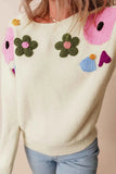 Crochet Flower Round Neck Dropped Shoulder Sweater