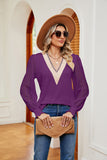 Contrast V-Neck Long Sleeve Blouse
