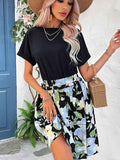 Perfee Two-Tone Round Neck Cuffed Sleeve Dress