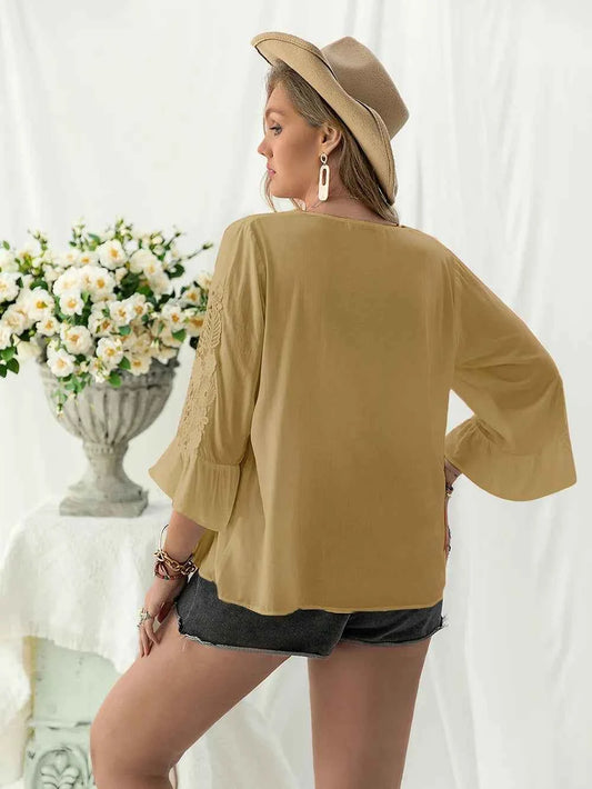 Plus Size Lace Detail V-Neck Flounce Sleeve Blouse