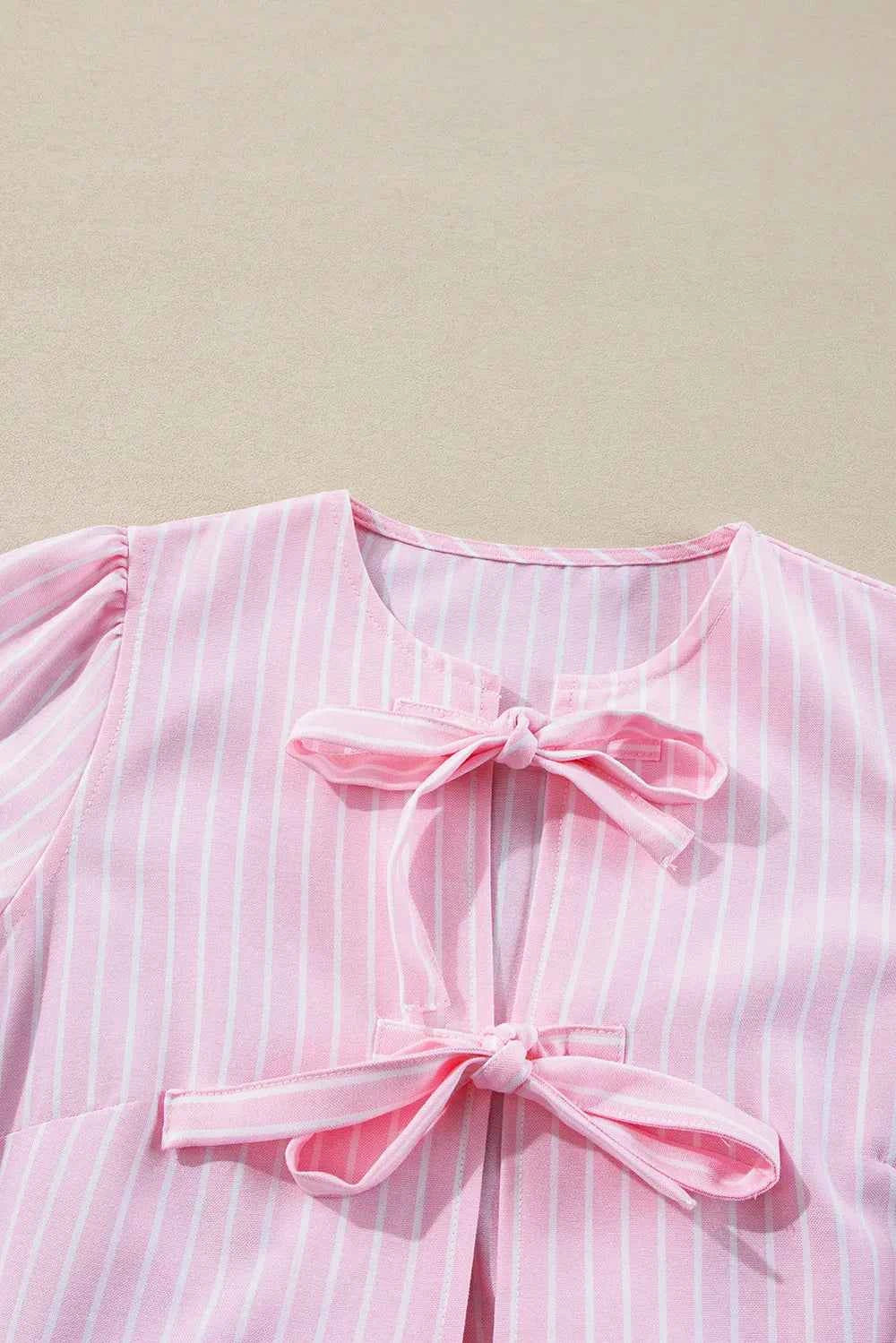 Tied Bow Striped Round Neck Blouse