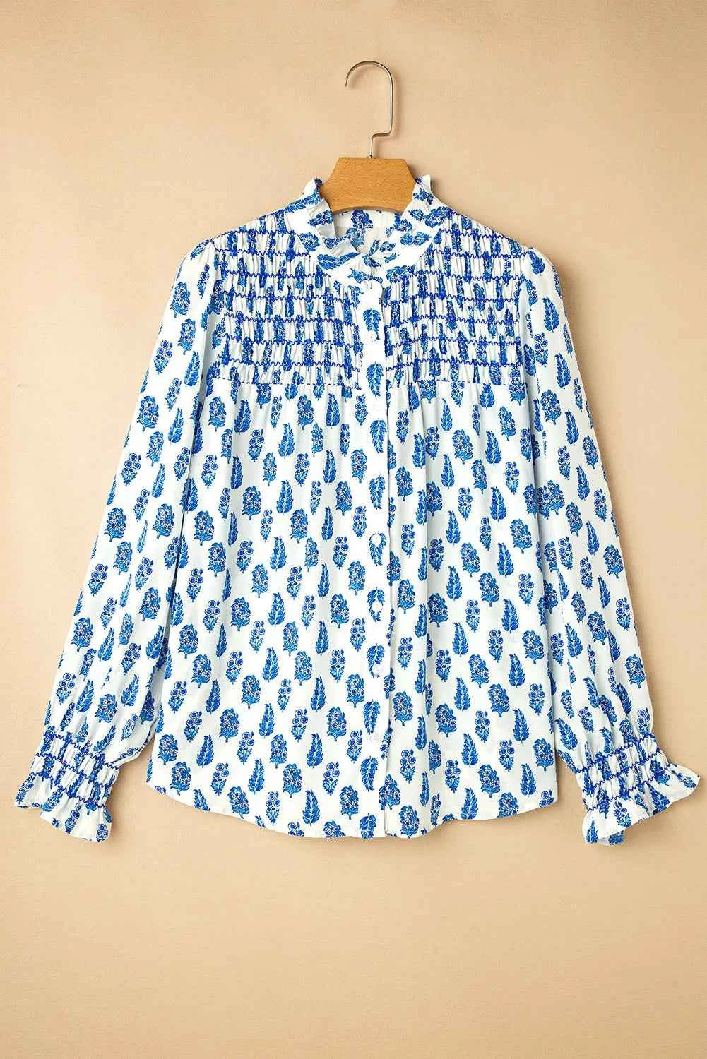 Frill Printed Button Up Long Sleeve Shirt