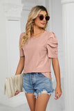Eyelet Puff Sleeve Round Neck Blouse