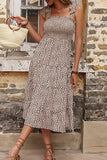 Perfee Leopard Print Smocked Tie Shoulder Dress