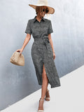 Printed Tie Waist Short Sleeve Shirt Dress