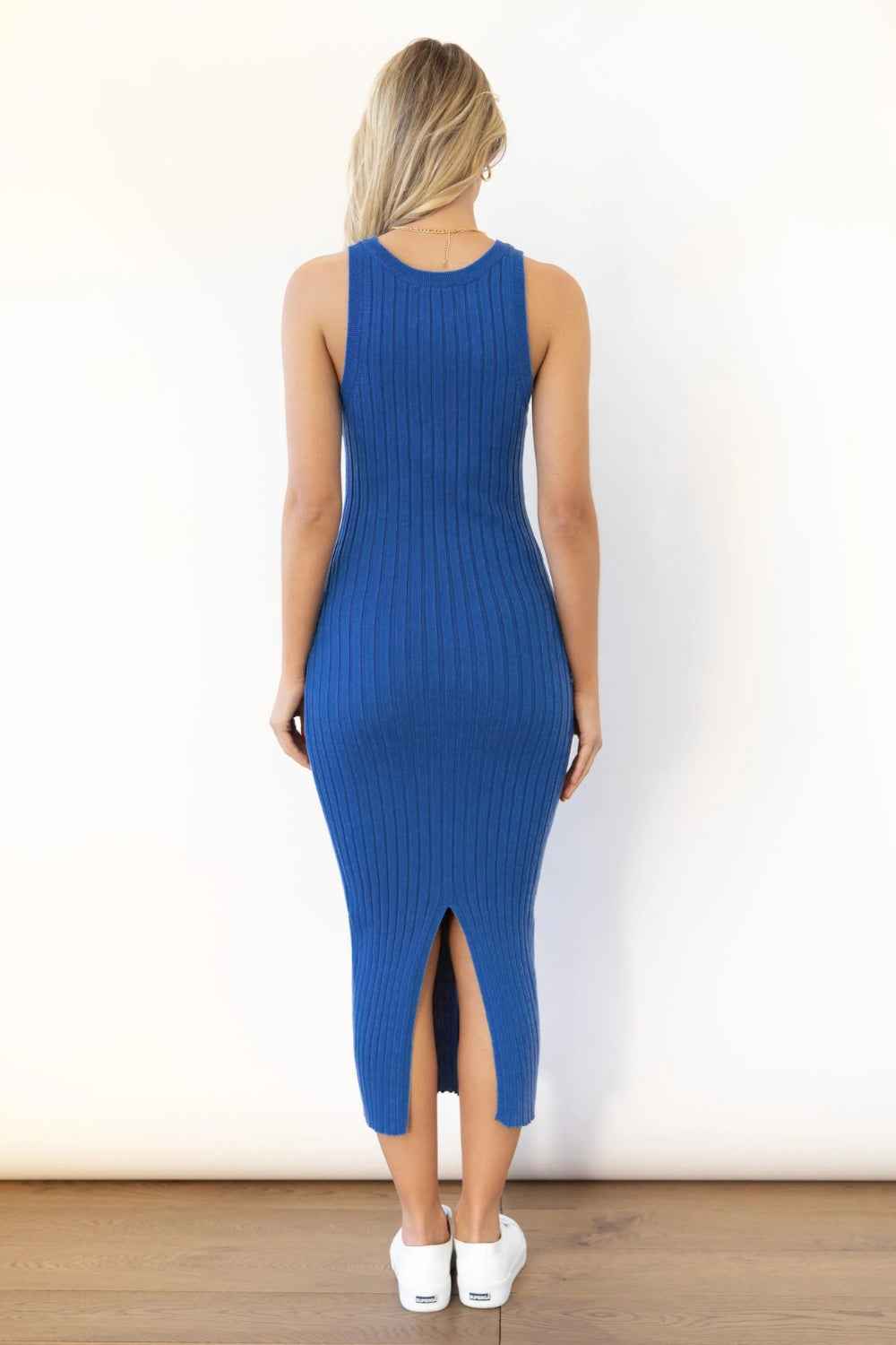 Slit Ribbed Round Neck Sleeveless Dress
