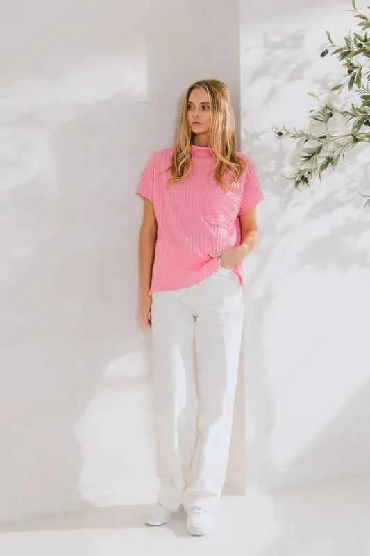 Ces Femme Texture Mock Neck Short Sleeve Knit Top