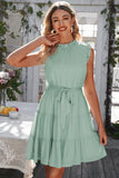 Ruffle Collar Tie Belt Tiered Dress