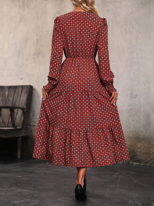 Perfee Printed Tiered V-Neck Buttoned Midi Dress