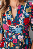 Printed Notched Puff Sleeve Midi Dress