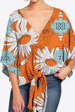 Shiny Printed Deep V Tie Hem Blouse