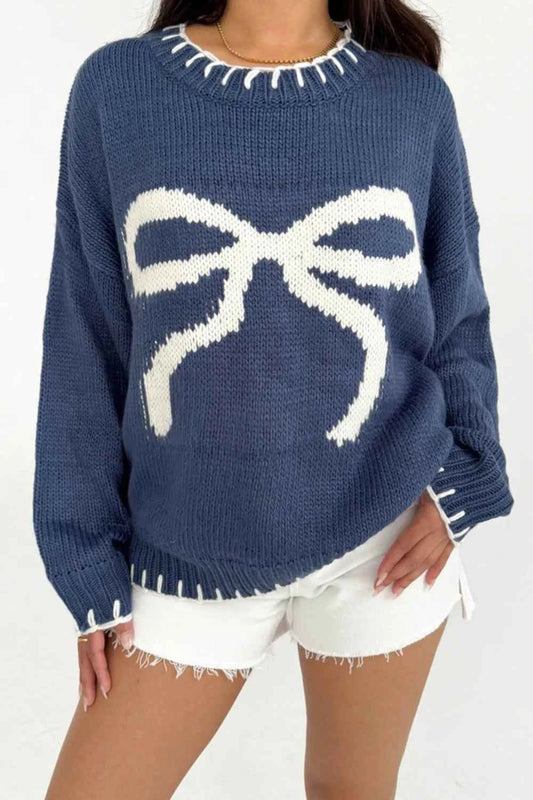 Bow Graphic Round Neck Long Sleeve Sweater