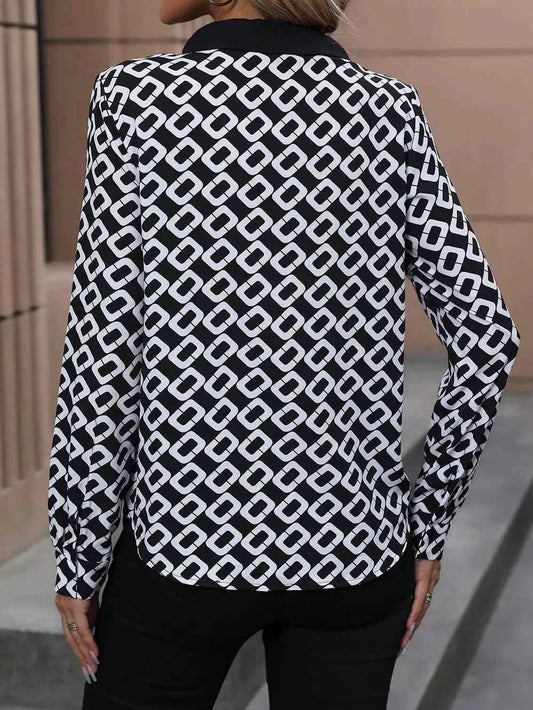 Perfee Printed Collared Neck Long Sleeve Shirt