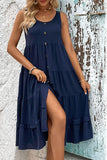 Perfee Decorative Button Scoop Neck Tiered Sleeveless Dress