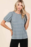 Mittoshop Contrast Striped Short Puff Sleeve Knit Top