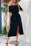 Perfee Tie-Waist Off-Shoulder Split Dress