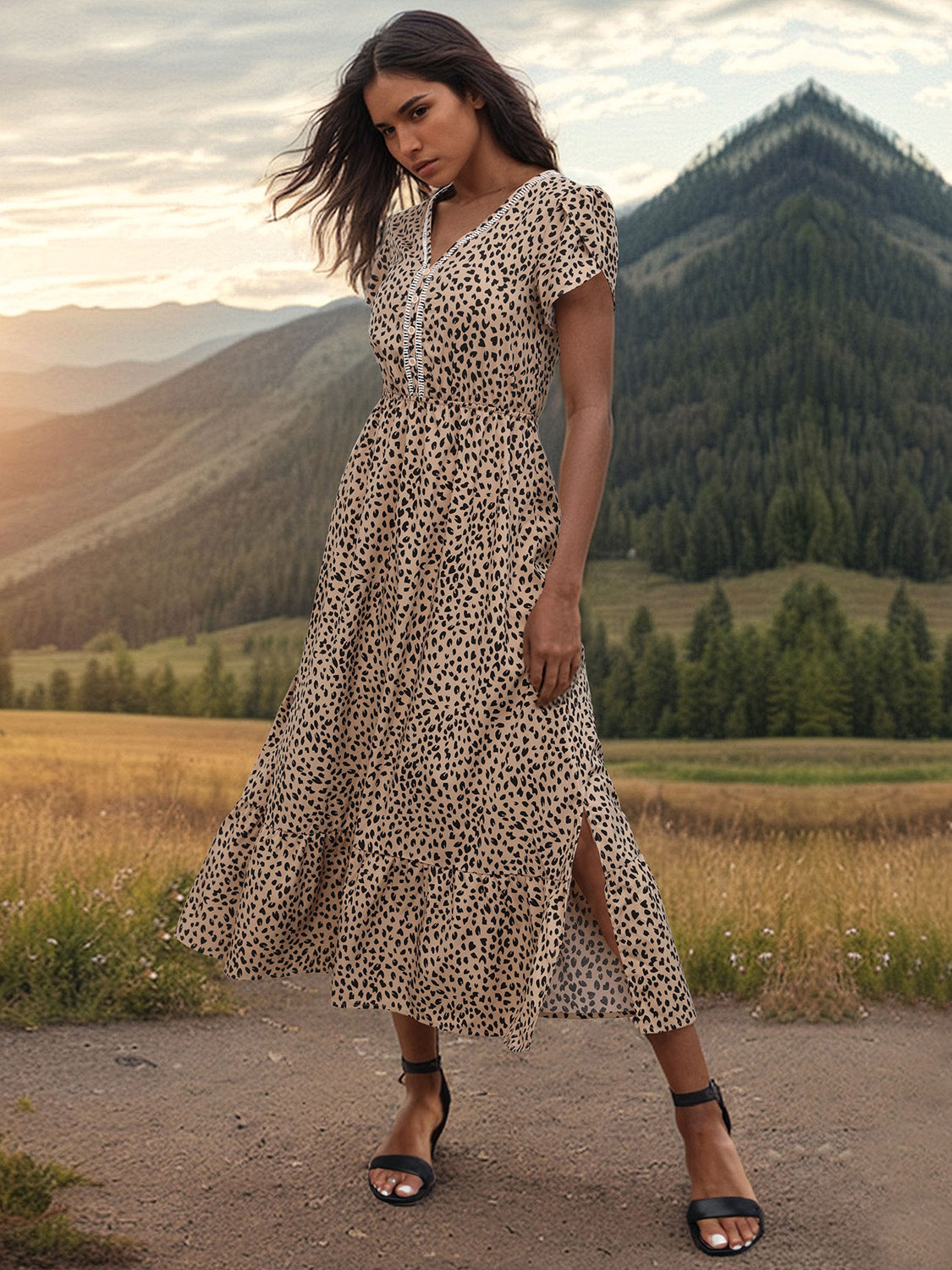 Perfee Slit Printed V-Neck Short Sleeve Dress