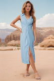 Perfee Slit Johnny Collar Sleeveless Midi Dress