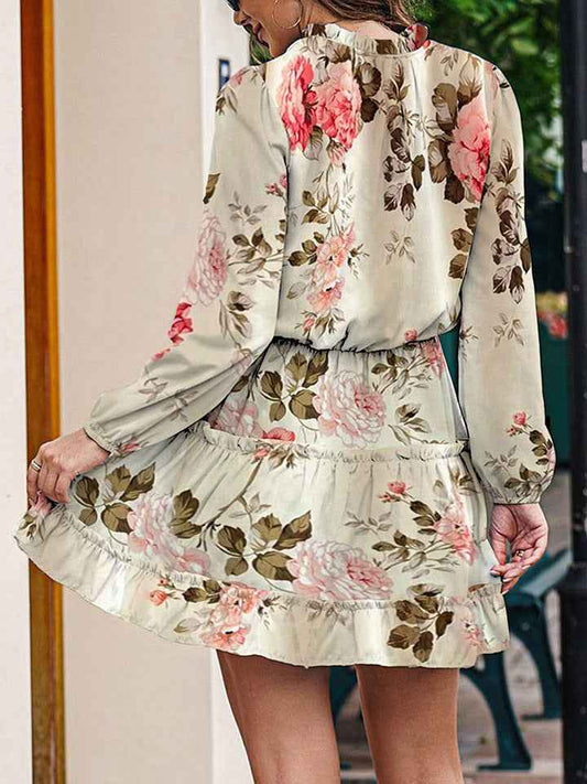Printed Tie Neck Long Sleeve Dress
